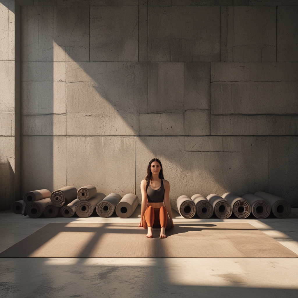 Calm yoga studio with rolled mats against a textured concrete wall, dramatic raking side light creating deep shadows, no people, architectural mood
